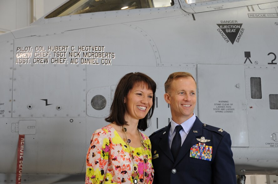 Col. Herbert Hegtvedt and his family pose in front of his aircraft after the wing change of command ceremony, April 7, 2013. During the ceremony, Hegtvedt took command of the 442nd Fighter Wing from Brig. Gen. Eric Overturf. The 442nd Fighter Wing is an A-10 Thunderbolt II Air Force Reserve unit at Whiteman Air Force Base, Mo. (U.S. Air force photo/Staff Sgt. Lauren Padden)