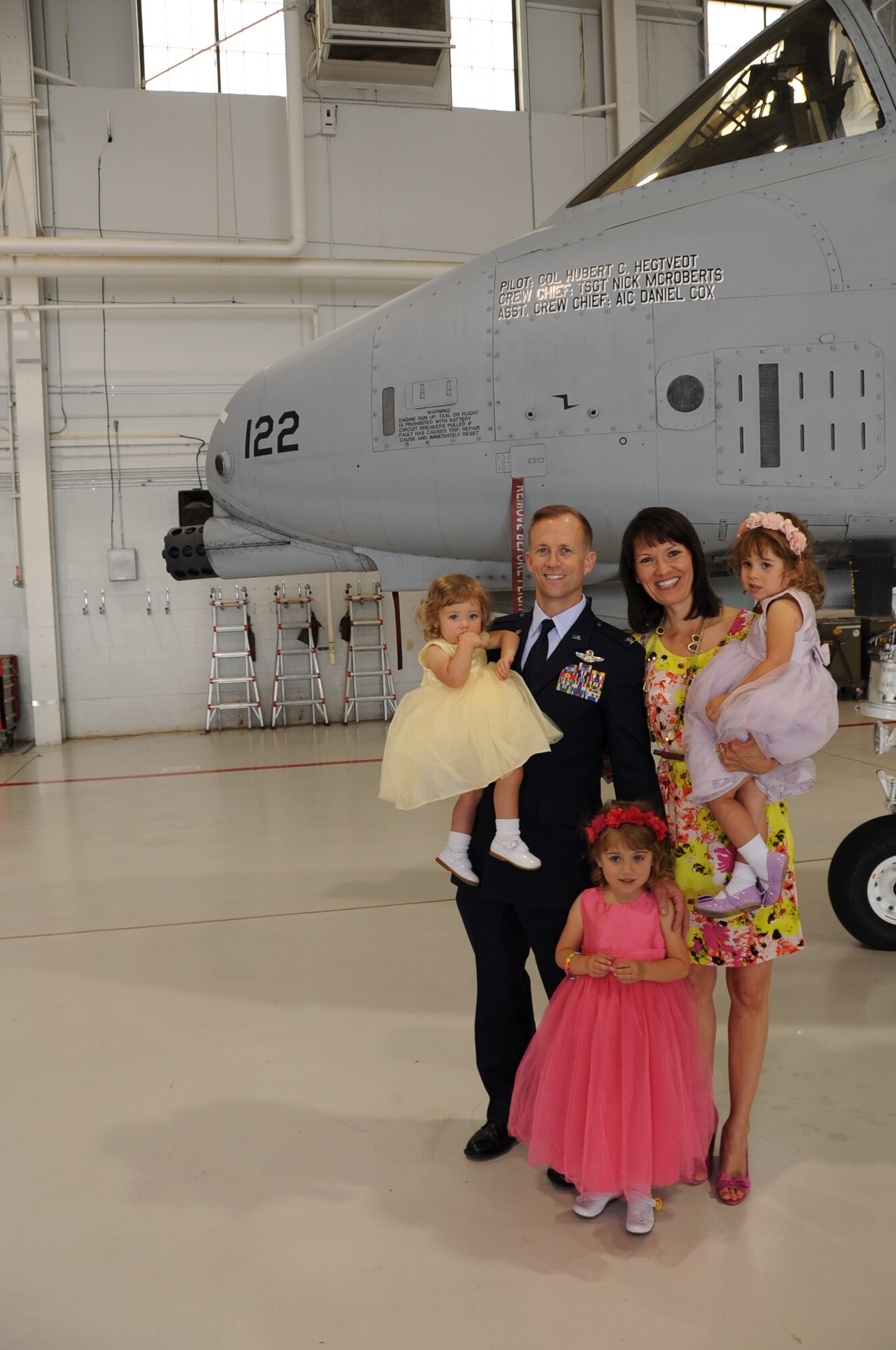 Col. Herbert Hegtvedt and his family pose in front of his aircraft after the wing change of command ceremony, April 7, 2013. During the ceremony Col. Hubert Hegtvedt took command of the 442nd Fighter Wing from Brig. Gen. Eric Overturf. The 442nd FW is an A-10 Thunderbolt II Air Force Reserve unit at Whiteman Air Force Base, Mo. (U.S. Air force photo/Staff Sgt. Lauren Padden)