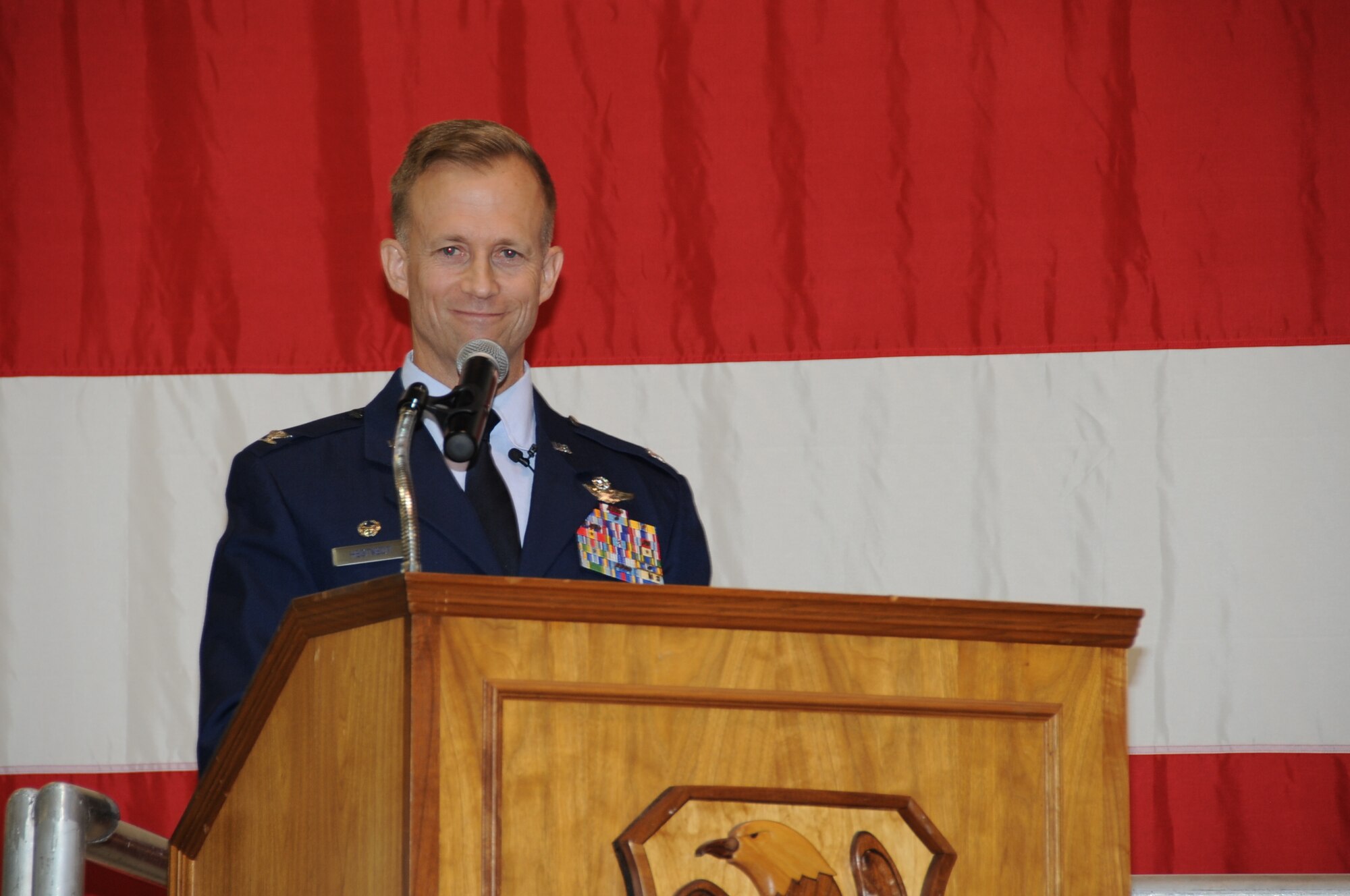 Col. Hubert Hegtvedt speaks to members of the 442nd Fighter Wing and guests during the wing change of command ceremony, April 7, 2013. During the ceremony Col. Hubert Hegtvedt took command of the 442nd Fighter Wing from Brig. Gen. Eric Overturf. The 442nd FW is an A-10 Thunderbolt II Air Force Reserve unit at Whiteman Air Force Base, Mo. (U.S. Air force photo by Staff Sgt. Lauren Padden/Released)