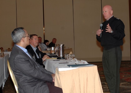 LTG H Steven Blum, chief of the National Guard Bureau, answers questions from Soldiers and Airmen during the National Guard Counterdrug Conference in mid-March.