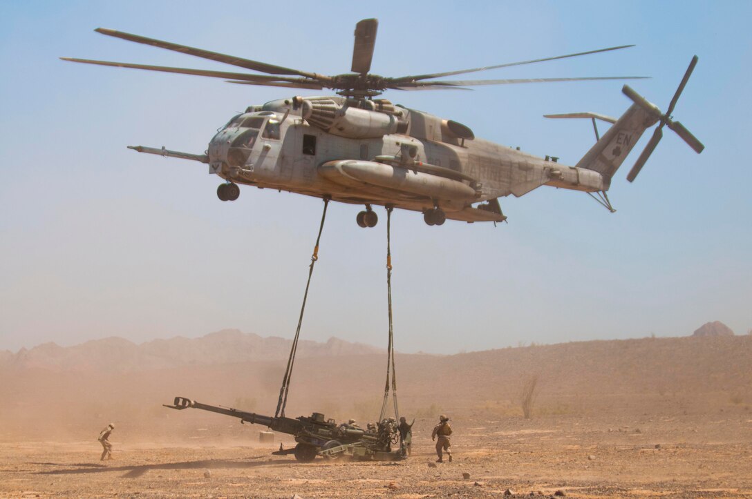 As part of Marine Aviation Weapons and Tactics Squadron One’s Weapons and Tactics Instructors Course, Marines with Marine Medium Helicopter Squadron 364 and 1st Marine Logistics Group, Combat Logistics Regiment 17, based out of Camp Pendleton, Calif., participated in an airlift of two M777 Howitzers near Marine Corps Air Station Yuma, Ariz., April 5th. "My Marines are out here to get the best of what WTI has to offer," said Sgt. Steven Thouchalanh, a CLR-17 landing support specialist and native of Long Beach, Calif. "And to be sure that their every day training is being used to the fullest."