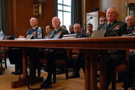 Lt. Gen. Craig McKinley, the director of the Air National Guard; LTG H Steven Blum, the chief of the National Guard Bureau; and Lt. Gen. Clyde Vaughn, the director of the Army National Guard, testify before the Senate Appropriations Subcommittee on Defense in Washington, D.C., on May 14, 2008.