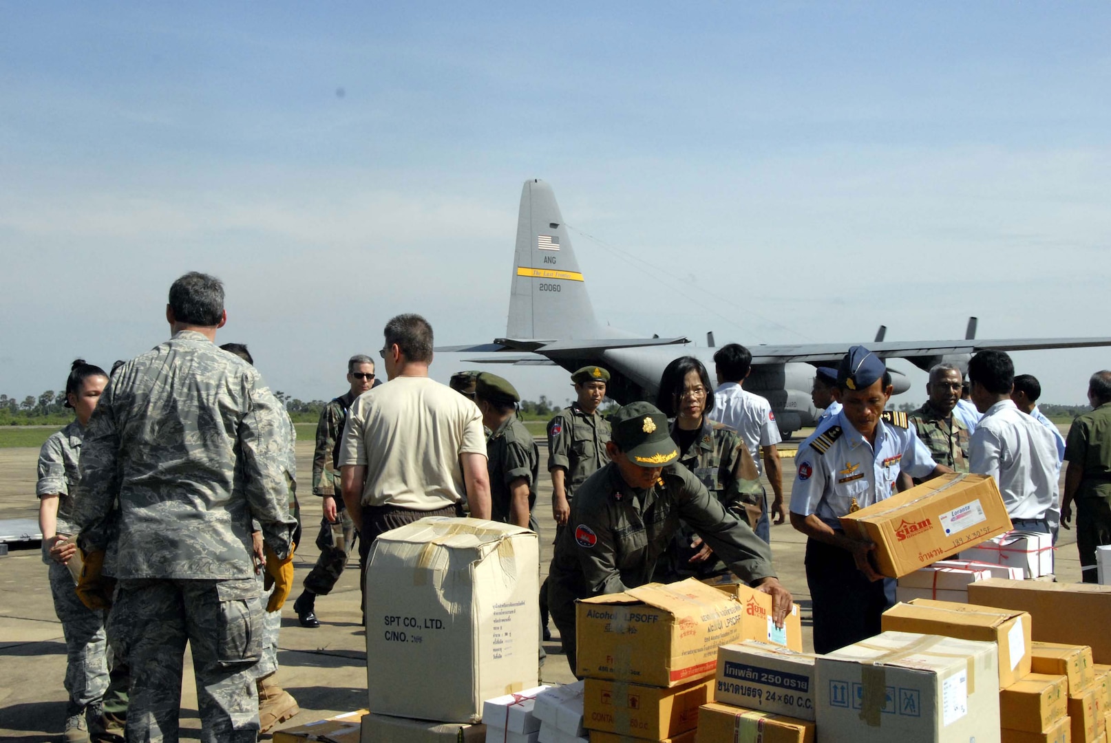 The airfield at Chhnang Province, Cambodia, is busy with activity as Royal Cambodian Armed Forces, Alaska National Guard and U.S. Air Force members get operations underway for Pacific Angel 2008 here May 24. Operation Pacific Angel is a joint/combined humanitarian assistance operation.