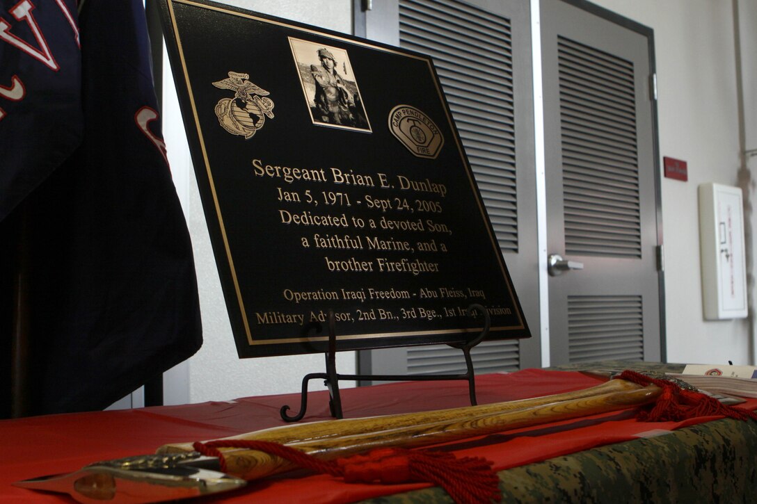 CAMP PENDLETON, Calif., -- Headquarters Marine Corps and the Camp Pendleton Fire Department dedicate Pendleton’s recently constructed fire station in commemoration of Sgt. Brian E. Dunlap here April 6. Dunlap served eight years in the Marine Corps before being transferred to the Individual Ready Reserves, at which time he served as a firefighter for the CPFD. In 2005, Dunlap was recalled to active duty and was assigned to 2nd Marine Division, II Marine Expeditionary Force (forward) to advise and train the Iraqi Army. While conducting combat operations against enemy forces in Abu Fleiss, Iraq, Dunlap was killed by an improvised explosive device.