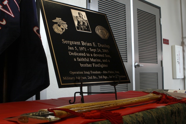 CAMP PENDLETON, Calif., -- Headquarters Marine Corps and the Camp Pendleton Fire Department dedicate Pendleton’s recently constructed fire station in commemoration of Sgt. Brian E. Dunlap here April 6. Dunlap served eight years in the Marine Corps before being transferred to the Individual Ready Reserves, at which time he served as a firefighter for the CPFD. In 2005, Dunlap was recalled to active duty and was assigned to 2nd Marine Division, II Marine Expeditionary Force (forward) to advise and train the Iraqi Army. While conducting combat operations against enemy forces in Abu Fleiss, Iraq, Dunlap was killed by an improvised explosive device.
