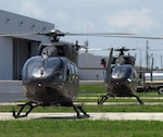 UH-72A Lakota light utility helicopters land in Tupelo, Miss. They are the first two Lakotas fielded to the Army National Guard.