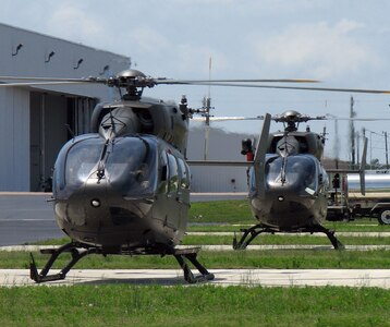 UH-72A Lakota light utility helicopters land in Tupelo, Miss. They are the first two Lakotas fielded to the Army National Guard.