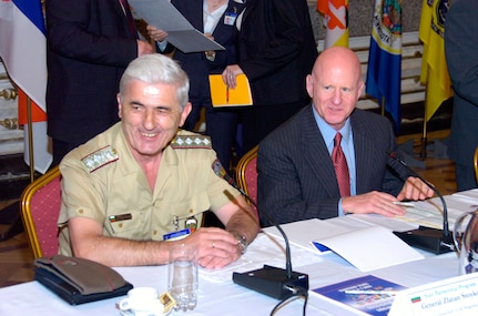 Bulgaria Chief of Defense Gen. Zlatan Stoykov and LTG H Steven Blum, the chief of the National Guard Bureau, meet with other National Guard and Department of Defense leaders and military chiefs of defense and civilian emergency planners from 10 Southeast European nations at the National Guard State Partnership Program SE European Regional Workshop in Sofia, Bulgaria, on June 4, 2008. National Guard states and partner nations agreed to increase their participation and collaboration in mutual NATO missions, among other accomplishments at the three-day workshop.