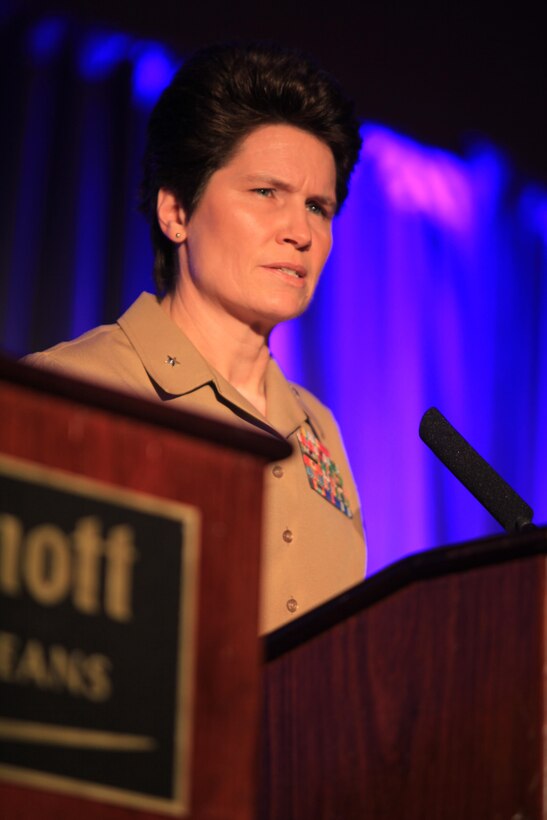 Brig. Gen. Lori E. Reynolds, commander of Marine Corps Recruit Depot Parris Island, S.C., addresses attendees at the 2013 Women’s Basketball Coaches Association National Conference at the New Orleans Marriott hotel on April 8, 2013. Reynolds spoke about the importance of instilling leadership skills in young people, and how both sports and the military are capable of teaching similar life skills.