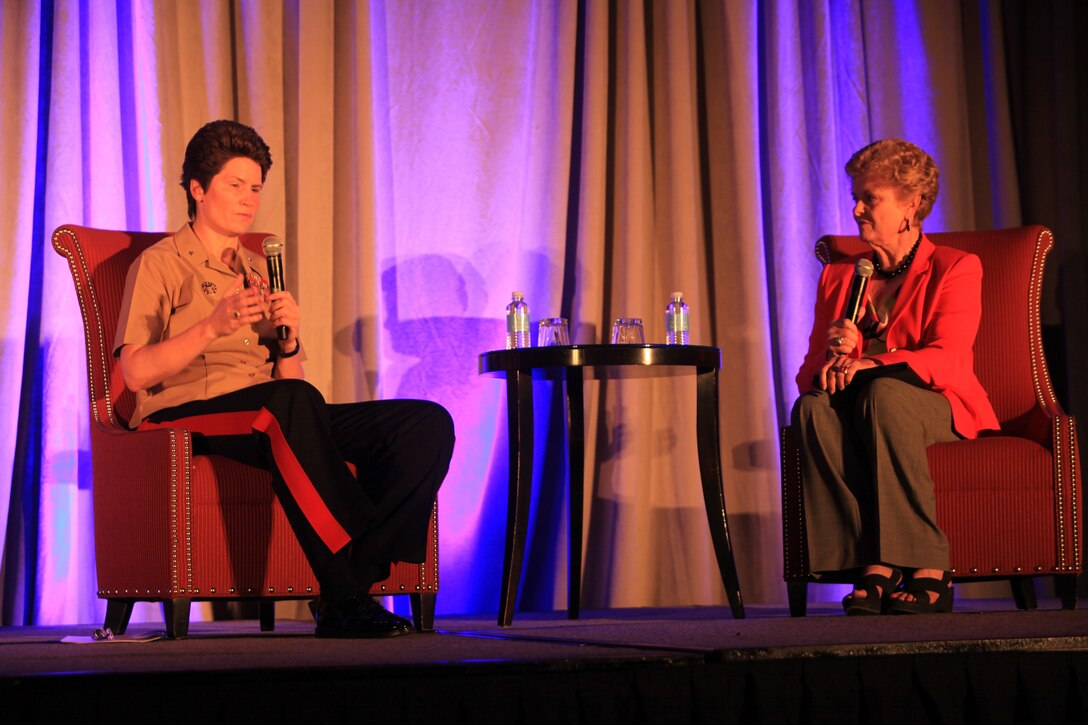 Brig. Gen. Lori E. Reynolds, commander of Marine Corps Recruit Depot Parris Island, S.C., answers questions during an on-stage question-and-answer session at the 2013 Women’s Basketball Coaches Association National Conference at the New Orleans Marriott hotel on April 8, 2013. Former WBCA president Jody Conradt asked Reynolds questions about obstacles faced and lessons learned throughout Reynolds’ 27-year career as a Marine Corps officer. 
