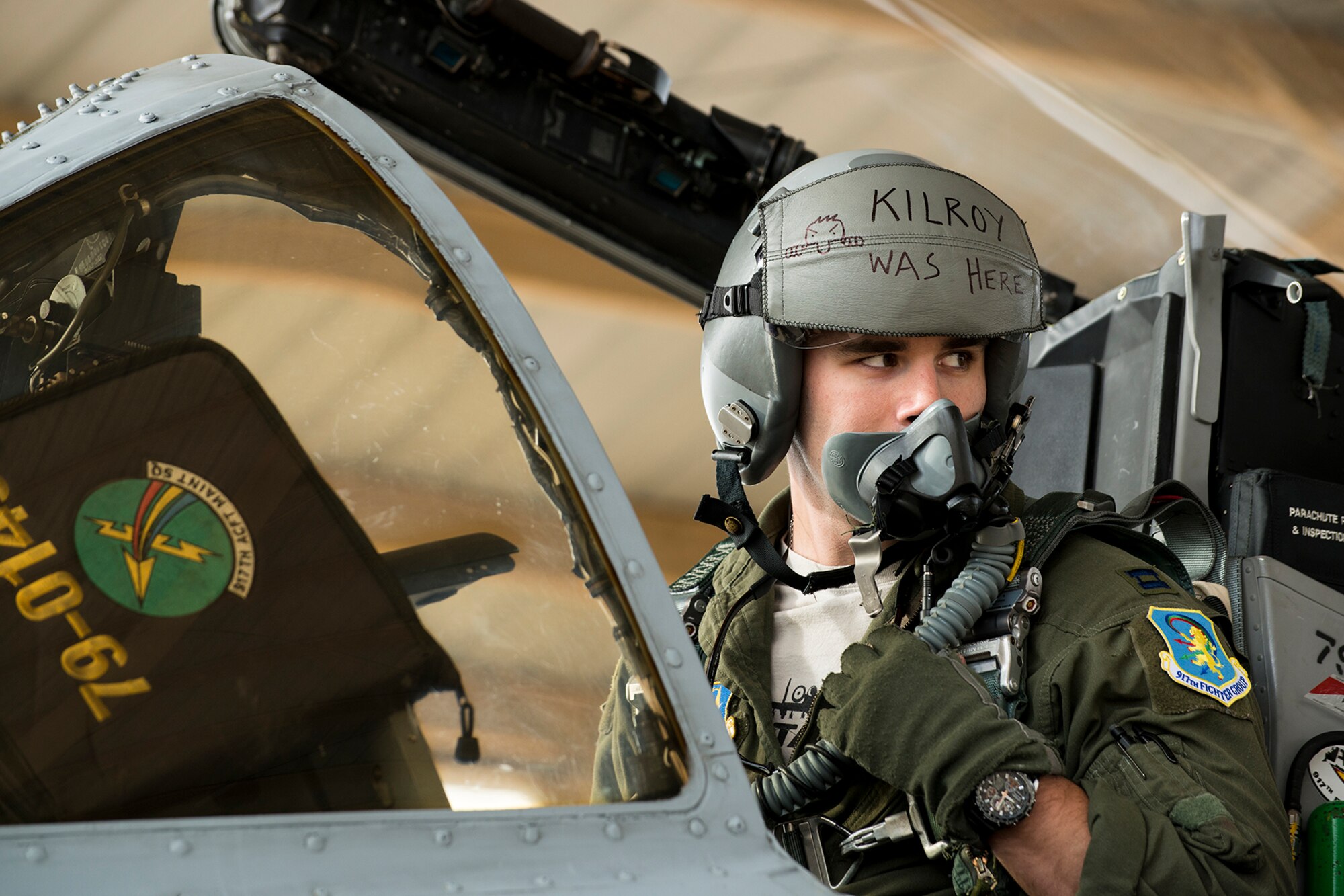 U.S. Air Force Taylor Petty, 47th Fighter Squadron pilot, prepares an A-10 Thunderbolt II for its last sortie from Barksdale Air Force Base, La., April 8, 2013. This A-10 is among the first three selected to leave Barksdale in preparation for the inactivation of the 917th Fighter Group. (U.S. Air Force photo by Master Sgt. Greg Steele/Released)