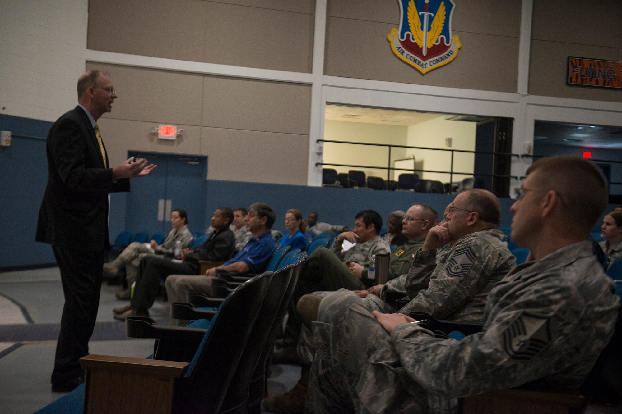 Retired U.S. Navy Capt. Jim O’Keefe, Military Officers Association of America deputy director, speaks during a Marketing Yourself for a Second Career brief April 5, 2013, at Moody Air Force Base, Ga. During the presentation, O’Keefe taught and shared tools to help Airmen successfully transition into a civilian career. (U.S. Air Force photo by Staff Sgt. Jamal D. Sutter/Released) 