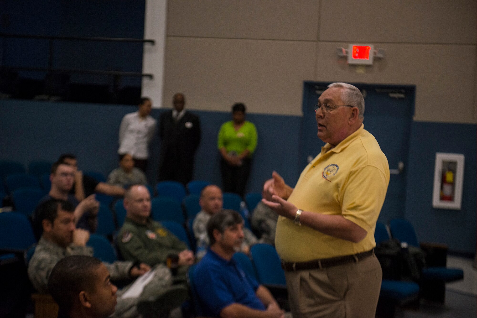 Eric Pedersen, 23d Force Support Squadron Airman and Family Readiness Center chief, welcomes Airmen to a Marketing Yourself for a Second Career brief April 5, 2013, at Moody Air Force Base, Ga. Pedersen also spoke about the importance of the brief and introduced the guest speaker. (U.S. Air Force photo by Staff Sgt. Jamal D. Sutter/Released)