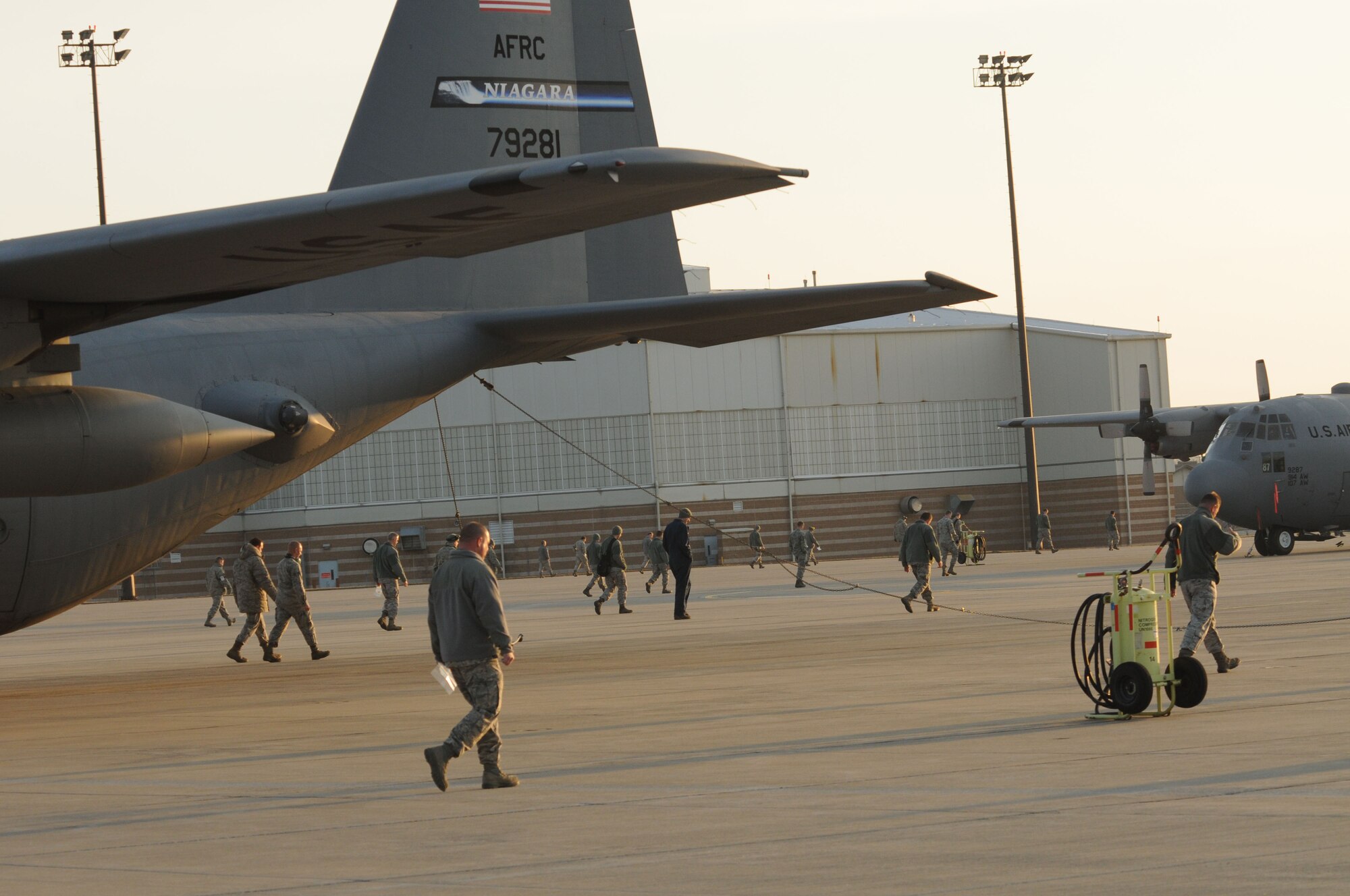 Members of the 107th and 914th Airlift Wing conducted their weekly (FOD) Foreign Object Damage walk at the Niagara Falls Reserve Station on April 8, 2013. (Air National Guard photo/Senior Master Sgt. Ray Lloyd)