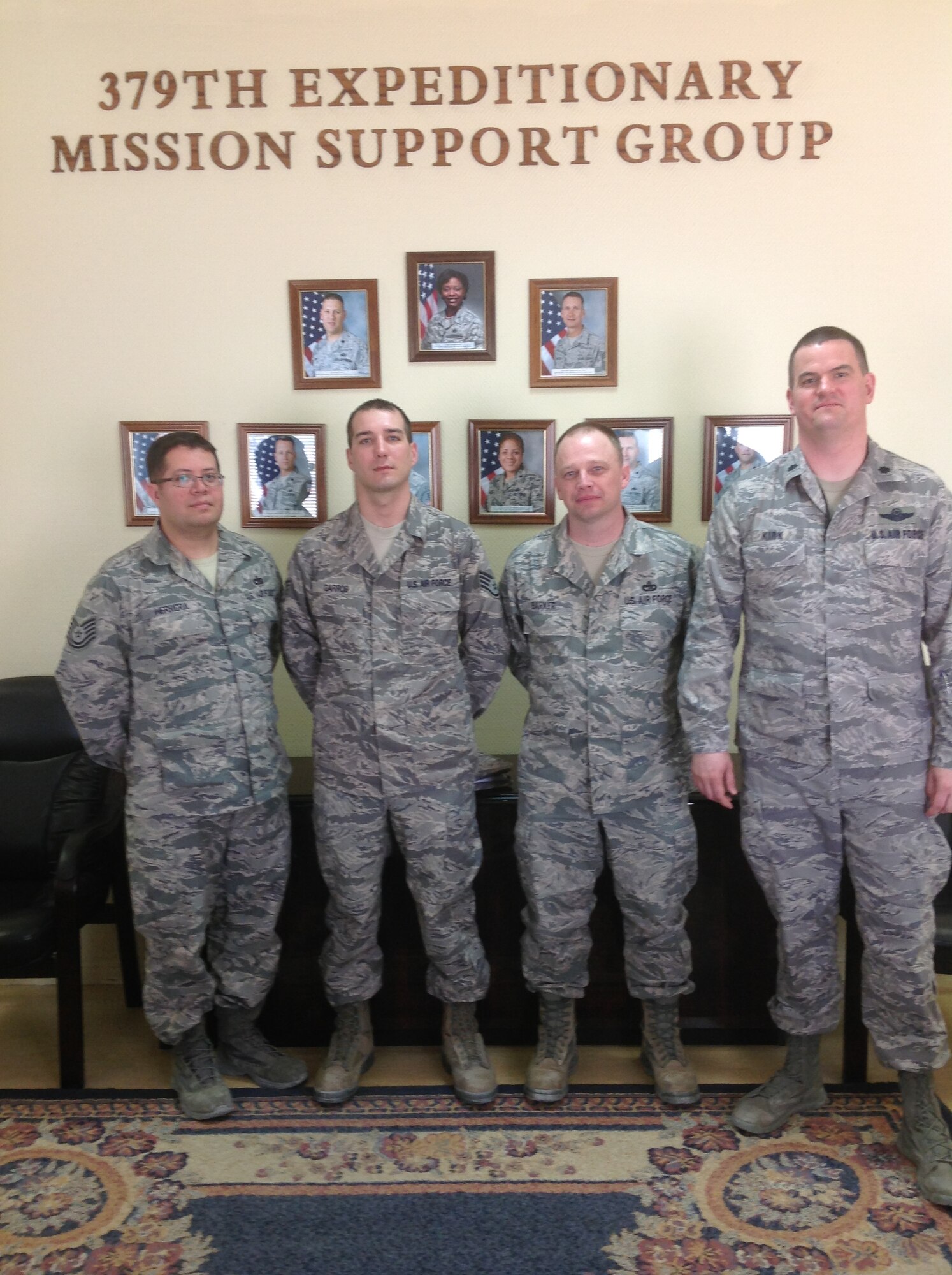 JOINT BASE MCGUIRE-DIX-LAKEHURST, NJ -- Tech. Sgt. Jose Herrera, Staff Sgt. Stephen Garrod and Master Sgt. Richard Barker of the 422nd Joint Tactics Squadron, and Lt. Col. Wesley Kirk, 422nd JTS commander,recently traveled to various deployment locations supporting operations in and around Afghanistan to conduct face-to-face interviews with deployed Airmen and collect real-time tactical lessons learned directly from ongoing combat support missions. The information collected during the visit will be used to develop Air Force Tactics, Techniques and Procedures used to improve cross-fucntional mission effectiveness and continuity. (Courtesy Photo)