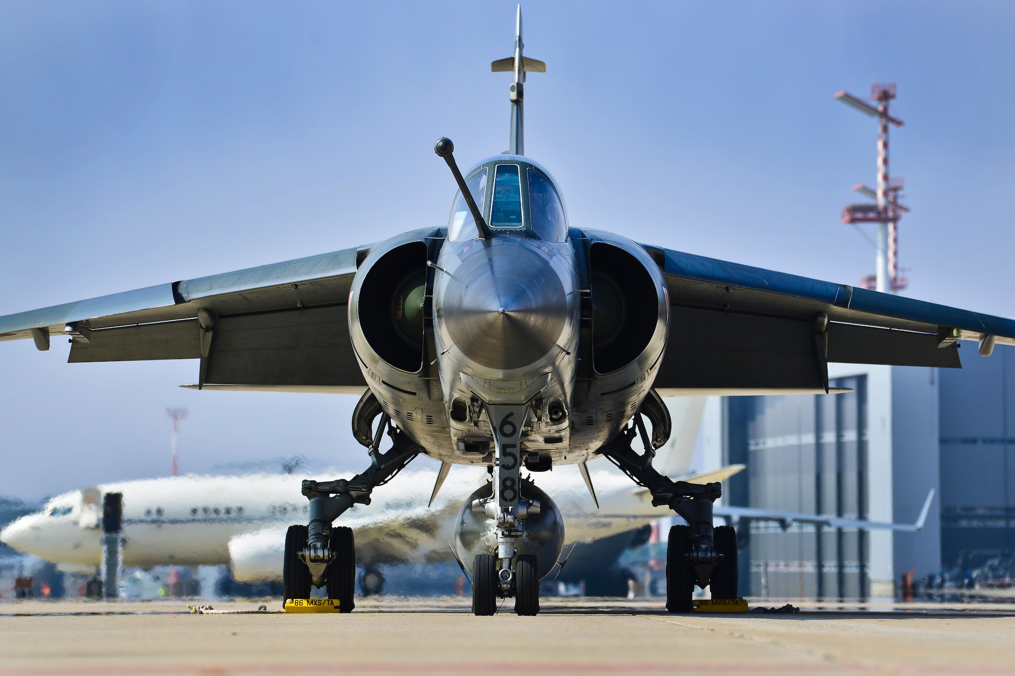 A French F-1 Mirage prepares to taxi and take off from Ramstein Air Base, Germany, April 4, 2013. The three French pilots and two Mirages, were here to conduct a familiarization flight and attend a planning and preparation conference at NATO's Headquarters, Allied Air Command, related to the French air force four-month Baltic Air Policing deployment starting in May. (U.S. Air Force photo/Tech. Sgt. Chad Thompson)