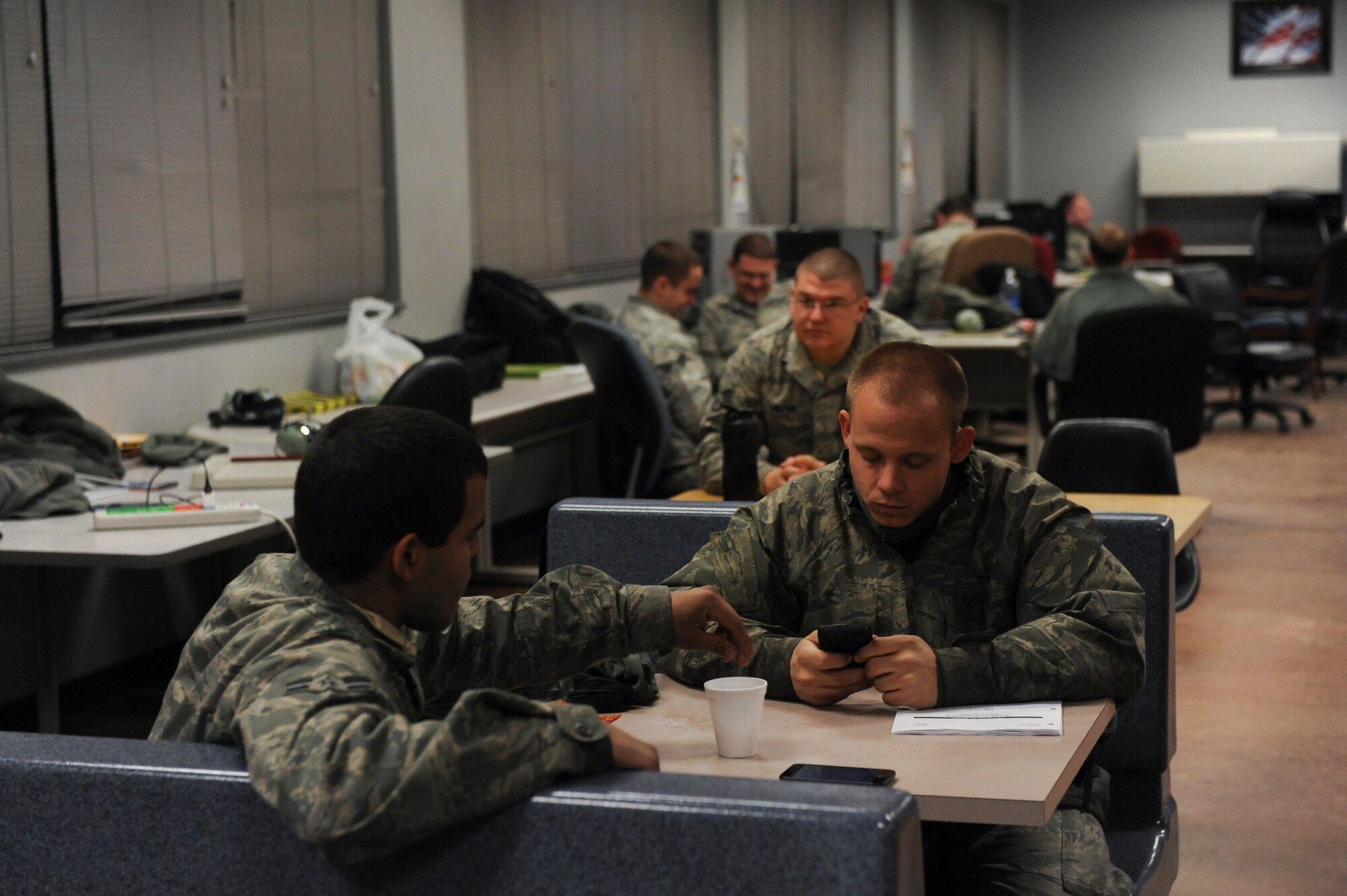 Members of the 314th Aircraft Maintenance Squadron have lunch during the night shift March 6, 2013, at Little Rock Air Force Base, Ark. The 314th AMXS is one of many squadrons that operate on a 24-hour basis. (U.S. Air Force photo by Senior Airman Rusty Frank)