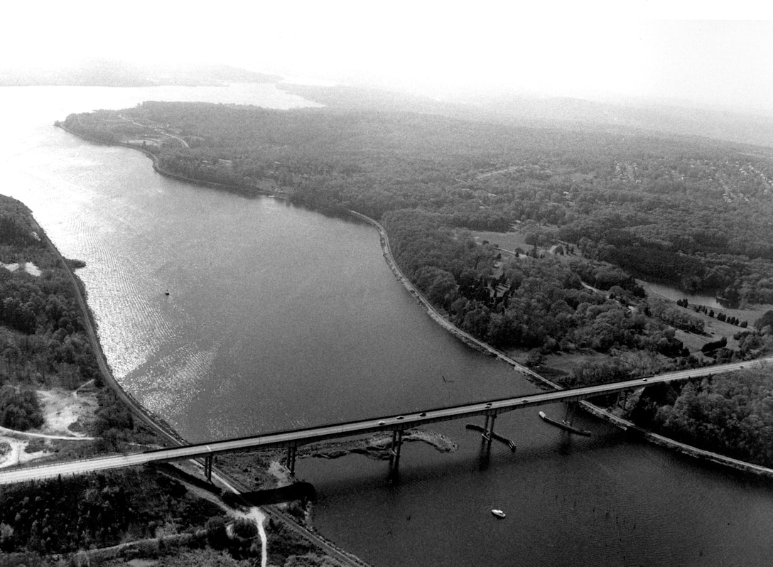 Aerial view of Thames River. The Thames River is formed by the confluence of the Shetucket and Yantic rivers in Norwich and flows south for 12 miles to New London Harbor. It serves (in upstream order) commercial and recreational waterfronts in the communities of New London, Groton, Waterford, Ledyard, Montville, and Norwich, CT.  Photo was taken in Oct. 1986.