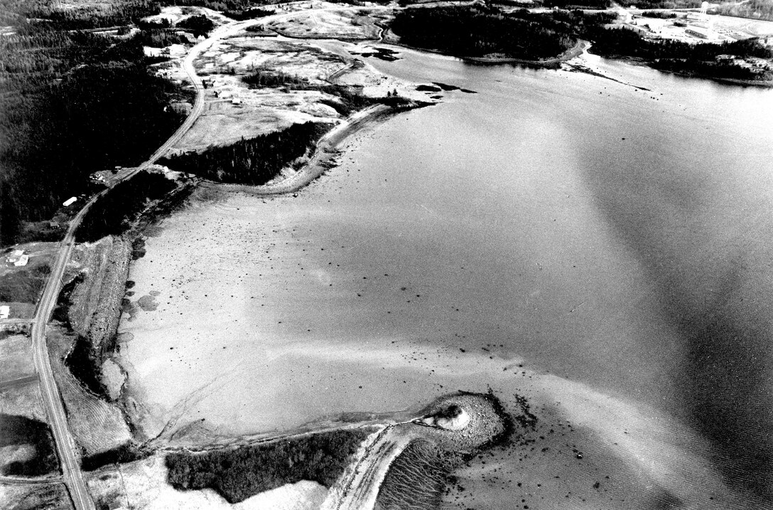 aerial view of Holmes Bay, in Whiting is located adjacent to Route 191, a coastal access road that runs parallel to the bay. Holmes Bay lies midway between Jonesport and Eastport, ME.  Photgraph taken Dec. 1987.
