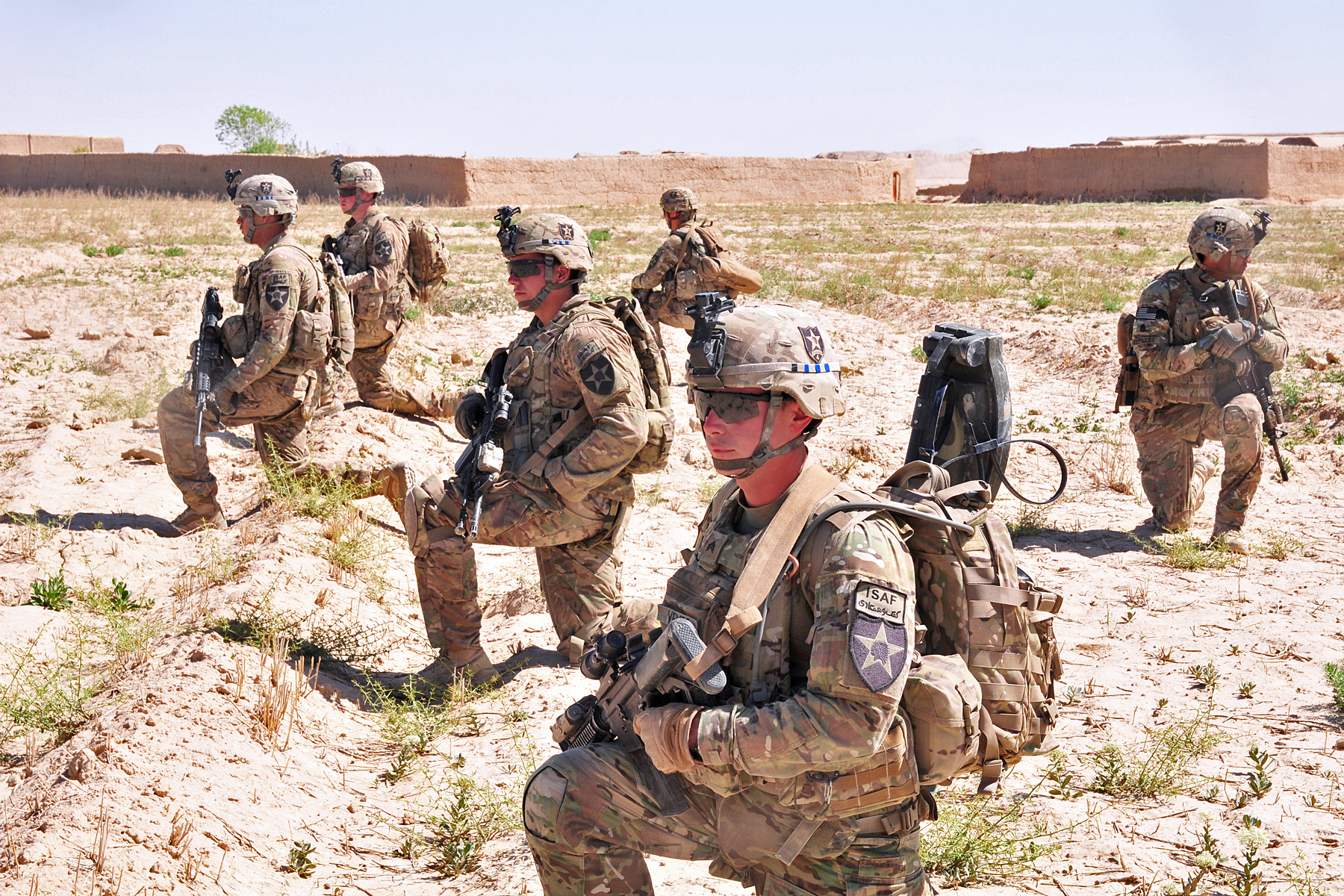 U S Soldiers Take A Knee While Providing Security For U S Engineers And Afghan Soldiers During A