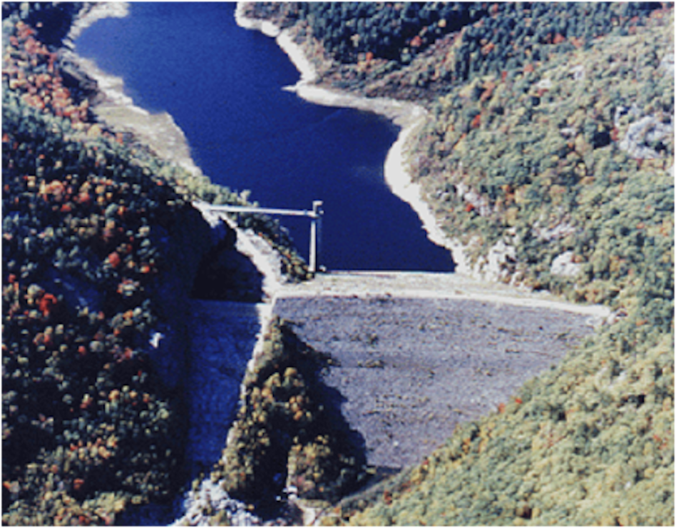 Aerial view of Ball Mountain Lake, Jamaica, Vt. Ball Mountain Lake is located on the West River, a tributary to the Connecticut River, as part of a network of flood damage reduction projects in the Upper Connecticut River Basin. With a length of 915 feet and a height of 265 feet Ball Mountain is one of the largest earthen dams in New England.