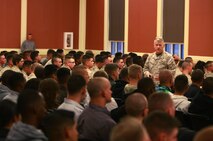 Lt. Col. Brian W. Mullery, the commanding officer of Combat Logistics Battalion 6, 2nd Marine Logistics Group, talks to families and servicemembers during a pre-deployment meeting aboard Camp Lejeune, N.C., April 4, 2013. More than 250 people attended the event, where the battalion’s command answered questions about the unit’s future deployment to Afghanistan.