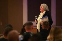 Nancy Cook, the military and family life counselor with Combat Logistics Battalion 6, 2nd Marine Logistics Group, addresses guests during a meeting aboard Camp Lejeune, N.C., April 4, 2013. Cook offered her services as a counselor to help the battalion’s families and personnel address issues as they prepare for an upcoming deployment to Afghanistan. 