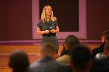 Mary C. Mathews, the family readiness officer with Combat Logistics Battalion 6, 2nd Marine Logistics Group, speaks to guests during a meeting aboard Camp Lejeune, N.C., April 4, 2013. Mathews spoke to the unit’s families and personnel about the support network currently in place to help them address any issues during the unit’s upcoming deployment. 