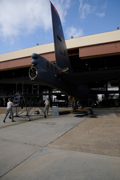 Airmen assigned to the 2nd Maintenance Squadron Avionics section begin testing the electronic warfare systems on a B-52H Stratofortress on Barksdale Air Force Base, La., April 9, 2013. Testing the B-52's systems ensures every component is calibrated correctly and in serviceable condition, as the countermeasures help ensure the aircraft's survivability in hostile territory. (U.S. Air Force photo/Airman 1st Class Andrew Moua)