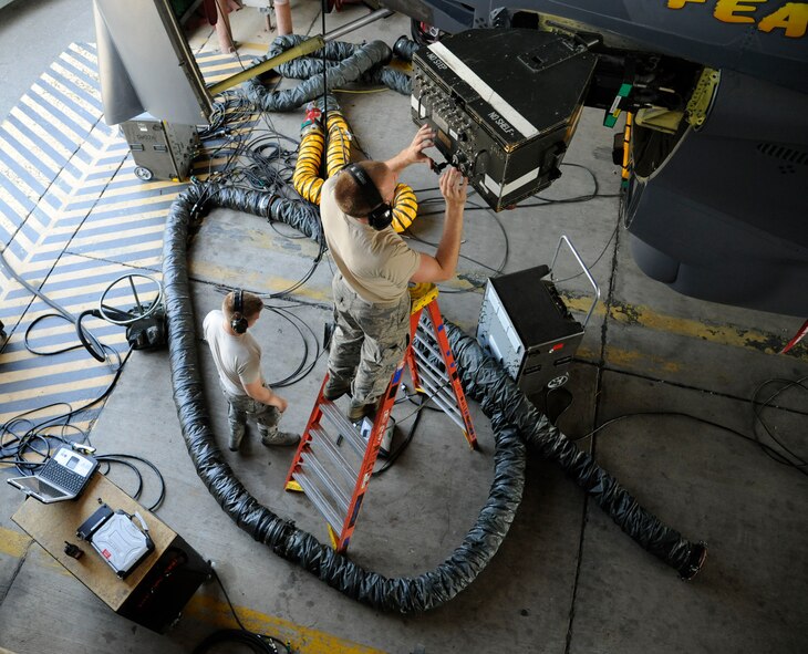Airmen assigned to the 2nd Maintenance Squadron Avionics section test the electronic warfare systems on a B-52H Stratofortress on Barksdale Air Force Base, La., April 9, 2013. The electronic warfare systems help an aircraft evade and survive hostile fire by disrupting enemy radar and tracking systems. (U.S. Air Force photo/Airman 1st Class Andrew Moua)