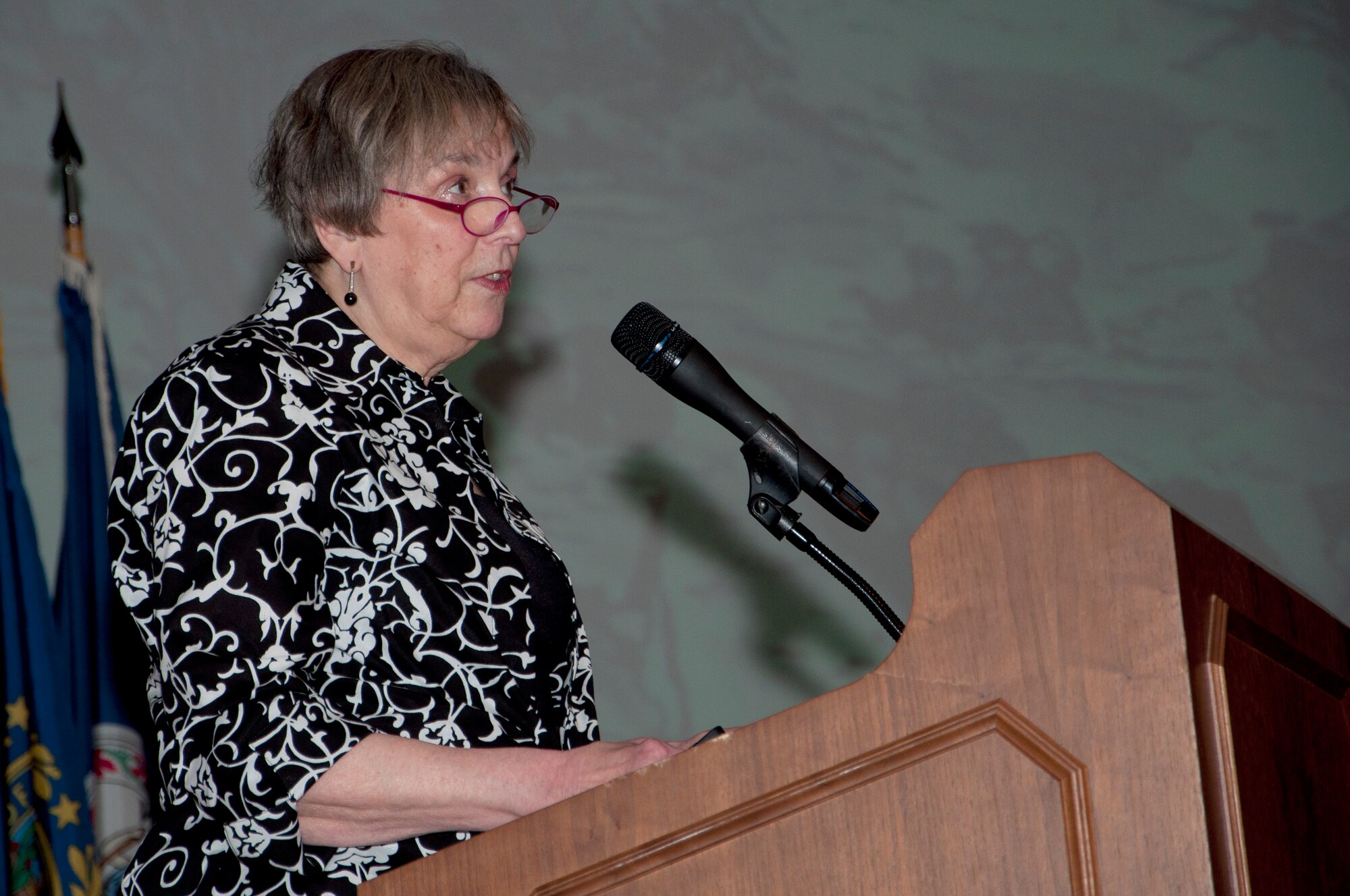 Berna Heyman addresses the audience during the annual Holocaust Days of Remembrance at Jacobs Theater on Fort Eustis, Va., April 9, 2013. Heyman talked about her families’ survival and what life was like during the Holocaust. (U.S. Air Force photo by Tech. Sgt. April Wickes/Released)