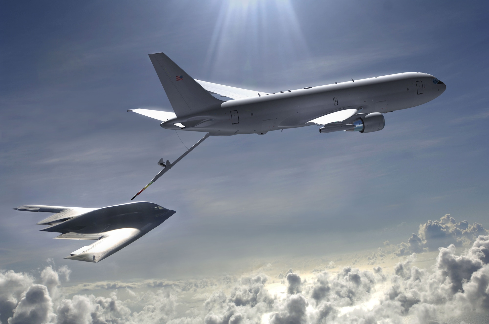 A KC-46 conducts in-flight refueling on a B-2 bomber in this illustration.  The first KC-46 is expected to fly in 2015.  (Air Force illustration)