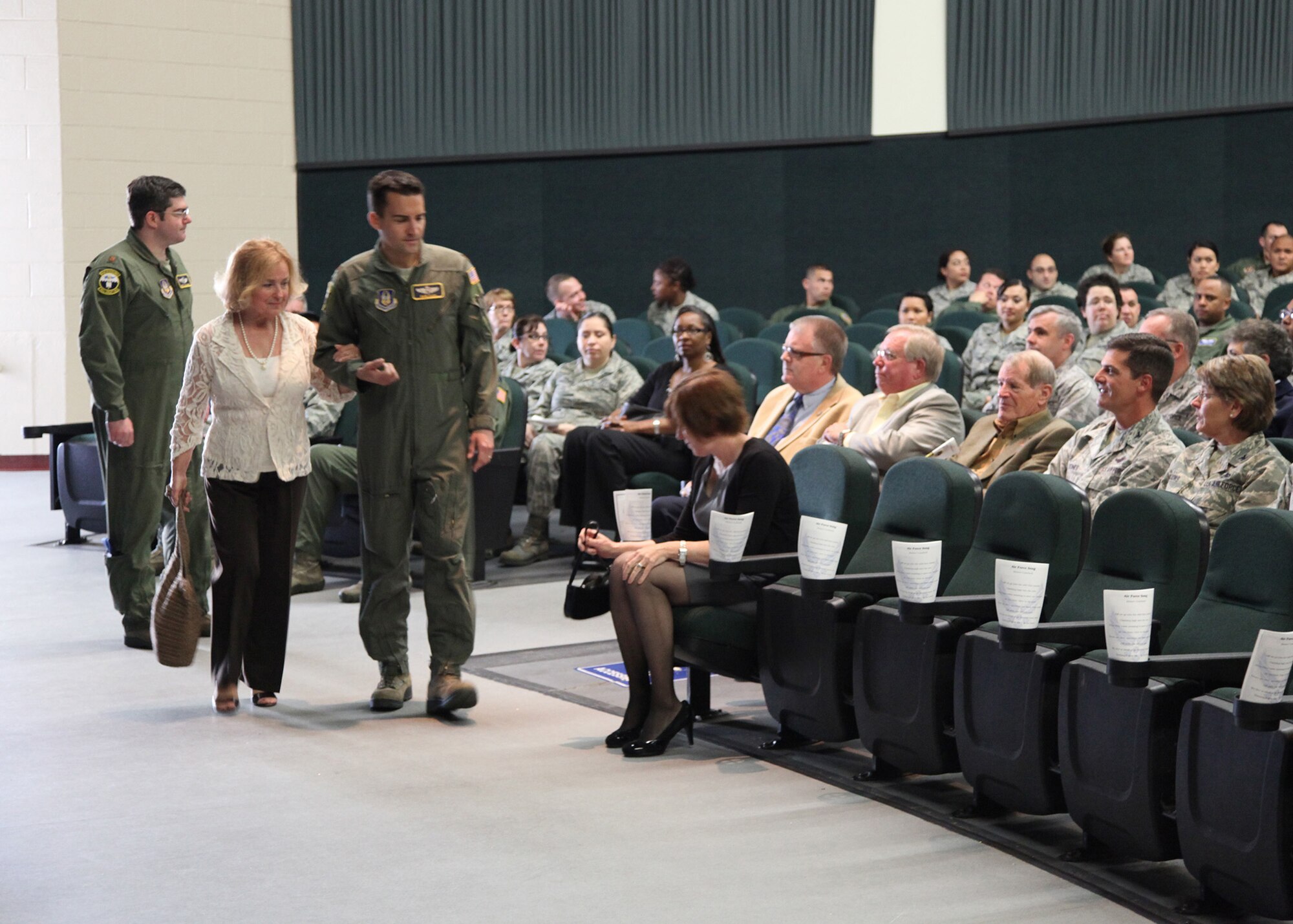 TRAVIS AIR FORCE BASE, Calif. -- Guests at the ceremony in which Col. Scott L. McLaughlin assumed command of the 349th Operations Group at Travis Air Force Base, Calif., April 7, 2013, included his family, Mayor Harry Price, of Fairfield; Mayor Steve Hardy, of Vacaville; Mayor Jack Batchelor Jr., of Dixon; Col. Dwight C. Sones, 60th AMW commander; Col. John M. Klein Jr., 60th AMW vice commander; Col. Darren D. Sprunk, 570th Contingency Response Group commander, and other civic leaders and Airmen. Colonel McLaughlin will oversee the largest, most diverse operations group in the Air Force Reserve Command, comprised of one C-5 Galaxy squadron, two KC-10A Extender squadrons, one C-17 Globemaster III squadron, an aeromedical evacuation squadron, an operations support flight, and an airlift control flight. (U.S. Air Force photo / Lt. Col. Robert Couse-Baker)