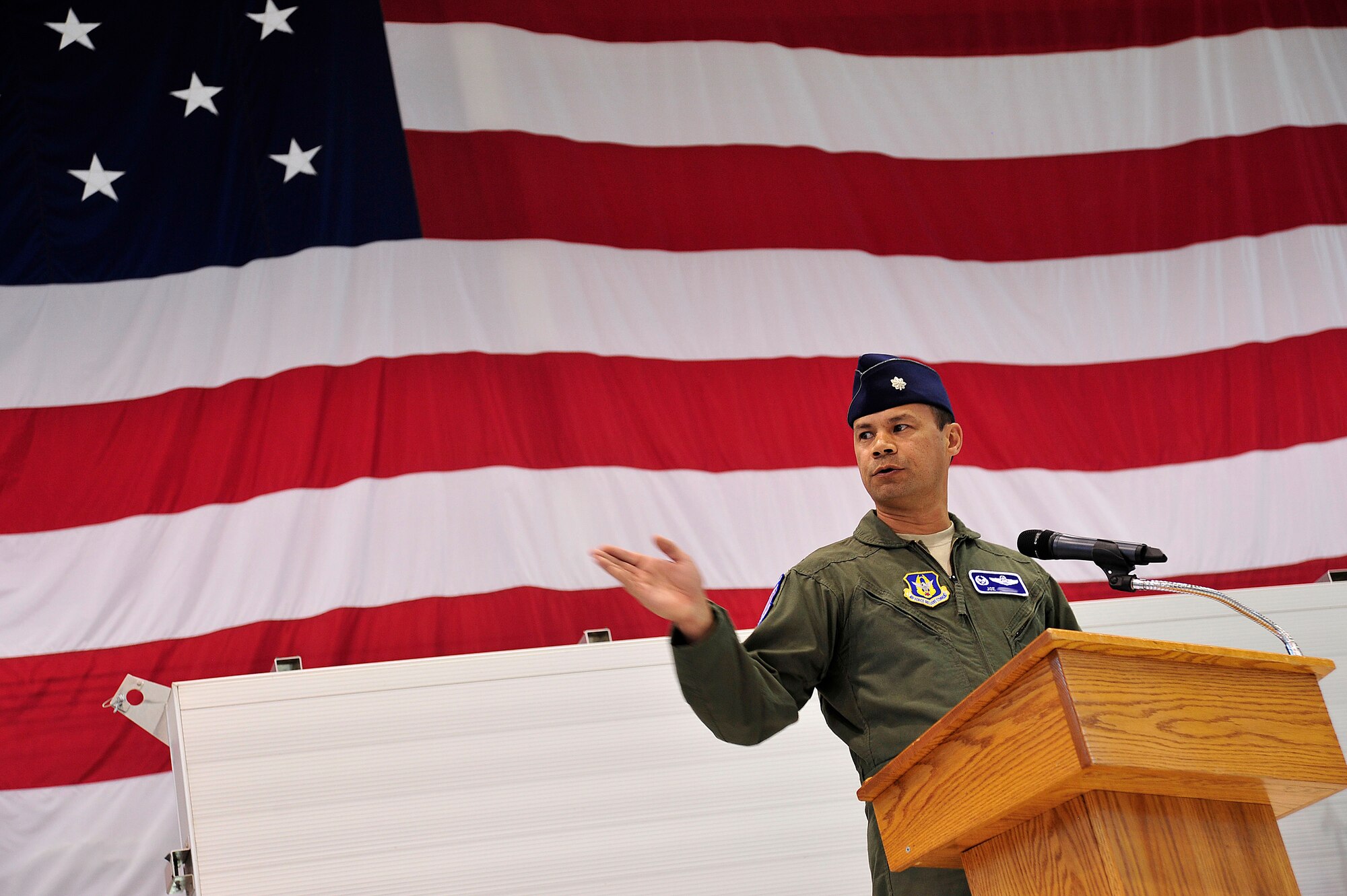 LAS VEGAS, Nev. – After assuming command, Lt. Col. Joseph addresses the audience during the 91st Attack Squadron activation ceremony April 5, 2013.  The squadron flies MQ-1B Predator and MQ-9 Reaper remotely piloted aircraft and continuously operates around the globe in support of national strategy. (U.S. Air Force photo by Senior Master Sgt. P.H.)