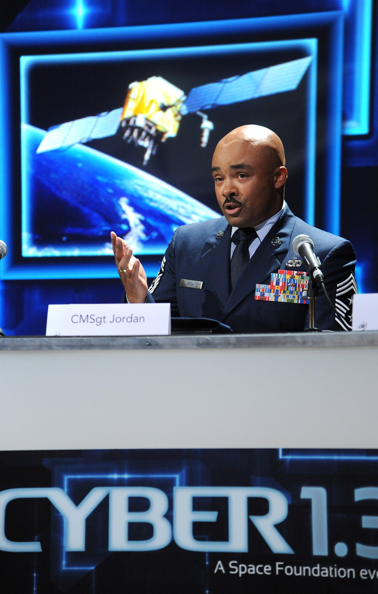 Chief Master Sgt. Linus Jordan, Air Force Space Command, Command Chief, discusses the role of Airmen as a strategically critical professional Cyber force for the nation during a panel discussion at Cyber 3.1 in Colorado Springs, Monday. Air Force photo by Duncan Wood
