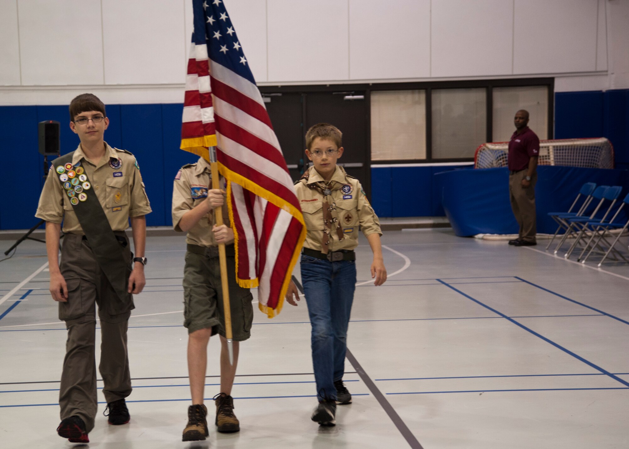 Scouts from Boy Scouts of America Troop 509 post the colors during a proclamation-signing ceremony at the Hurlburt Field Youth Center on Hurlburt Field, Fla., April 3, 2013. According to the Department of Defense’s website, April is designated as the Month of the Military Child to celebrate the unique contributions, commitment and sacrifices children make on behalf of the country. (U.S. Air Force photo by Senior Airman Krystal M. Garrett)