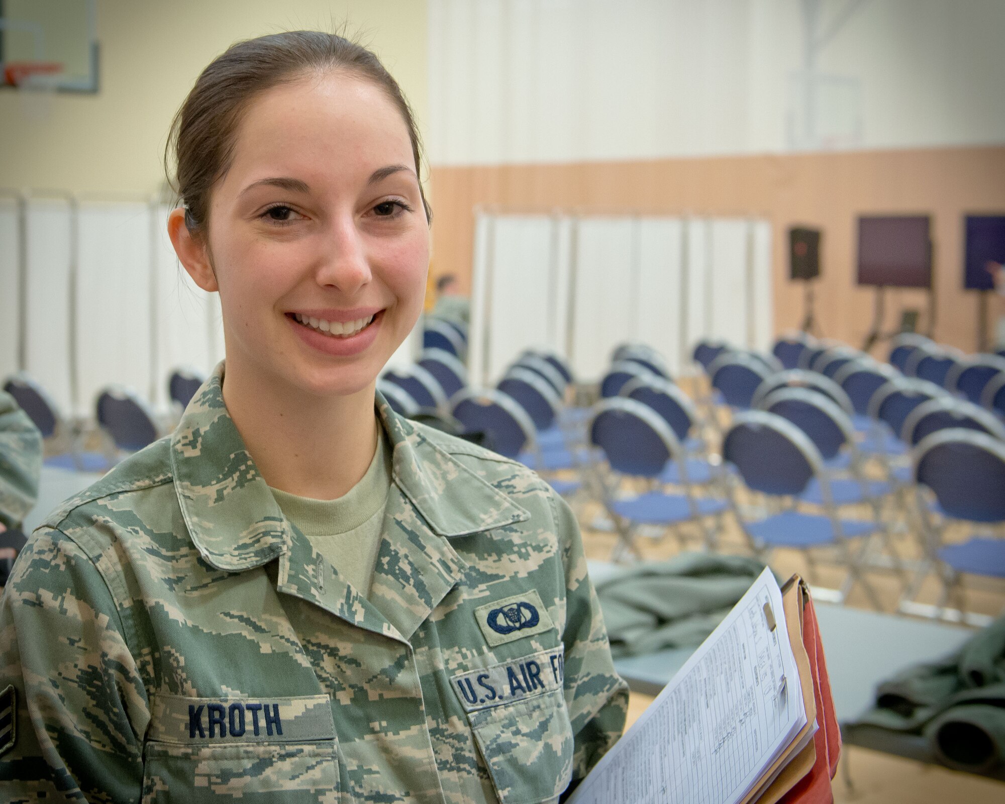 Senior Airman Justyna Kroth, 934th Airlift Wing command post, participates in a Personnel Deployment Function exercise.  "I think it's a good perspective of what a real world deployment preparations would be like", she said of her first time engaging in this type of exercise at the Minneapolis-St. Paul Air Reserve Station, Minn.  (U.S. Air Force photo/Staff Sgt. Samantha Wagner)