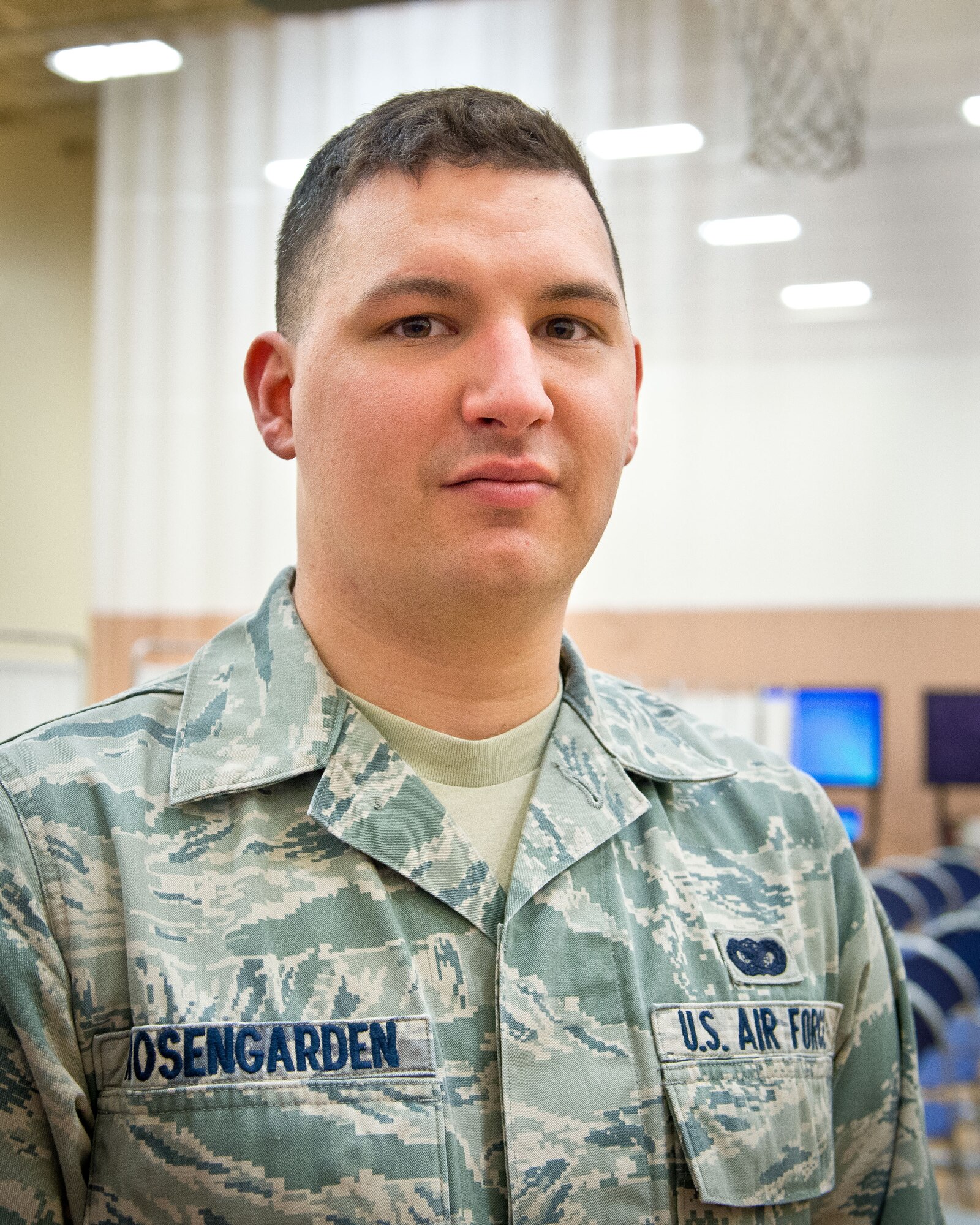 Staff Sgt. Benjamin Rosengarden, 934th Security Forces Squadron, takes part in a Personnel Deployment Function exercise.  "The PDF line is very similar to the actual deployment I was on recently.  It can helpful for those who haven't experienced it before."  Airmen from the 934th Airlift Wing participated in the exercise in anticipation of the Operational Readiness Exercise in June at the Minneapolis-St. Paul Air Reserve Station, Minn.  (U.S. Air Force photo/Staff Sgt. Samantha Wagner)