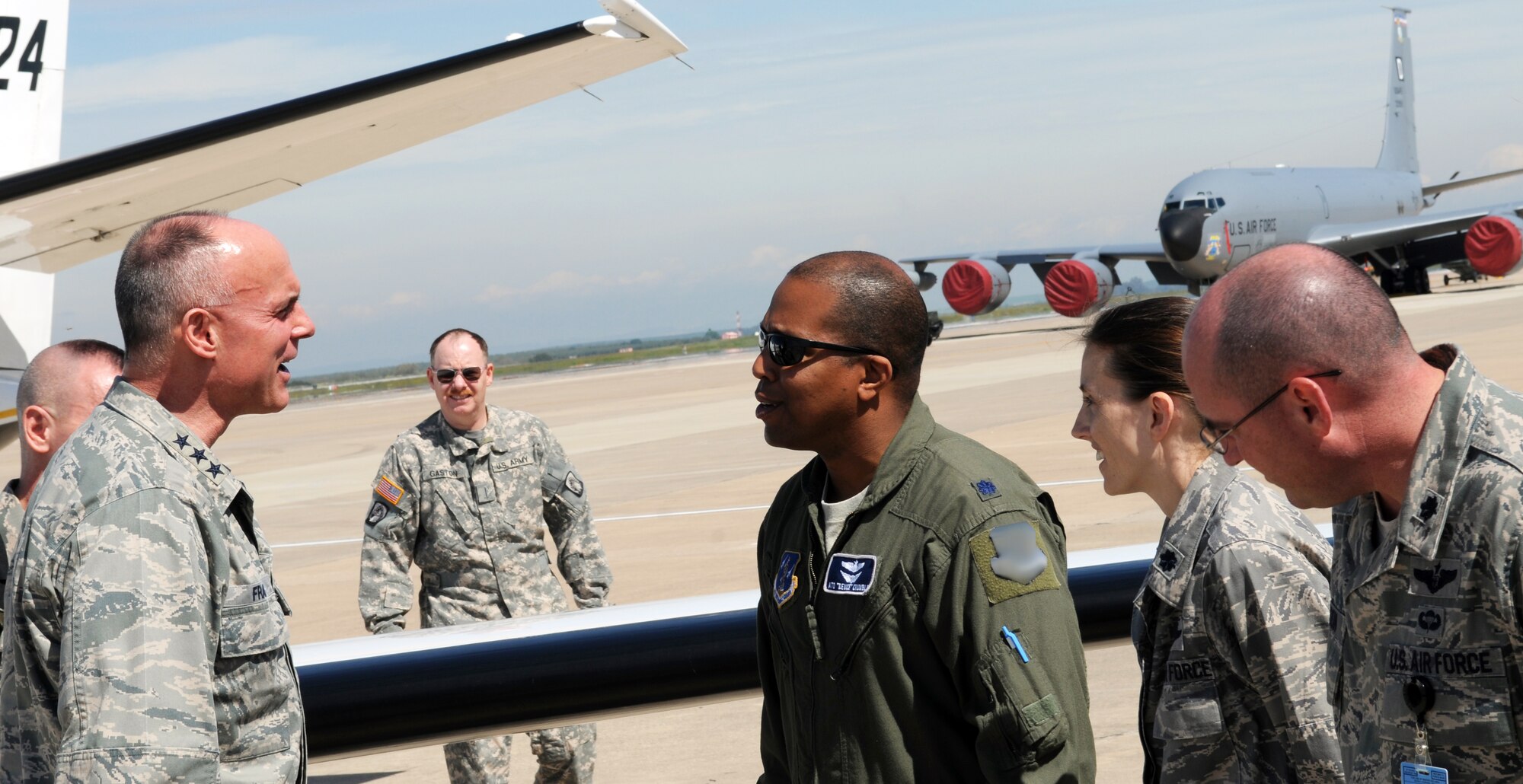 Lt. Gen. A. Craig Franklin, 3rd Air Force and 17th Expeditionary Air Force commander greets  Airmen who are deployed to Southwest Europe in support of French operations in Mali April 8, 2013. Franklin spoke with Airmen about the work they have accomplished and recognized outstanding performers. (U.S. Air Force photo by 1st Lt. Christopher Mesnard/Released) (Photo masked for security purposes)