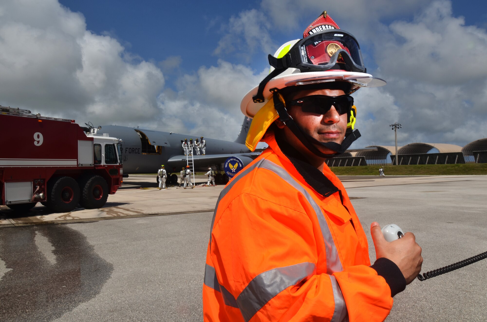Master Sgt. Essam Cordova, 36th Civil Engineer Squadron Fire and Emergency Services assistant chief of operations during 2012, participates in an aircraft fire training exercise on Andersen Air Force Base, Guam, April, 4, 2013. Cordova was awarded Navy Fire and Emergency Services Military Fire Officer of the Year for 2012. (U.S. Air Force photo by Staff Sgt. Veronica McMahon/Released)