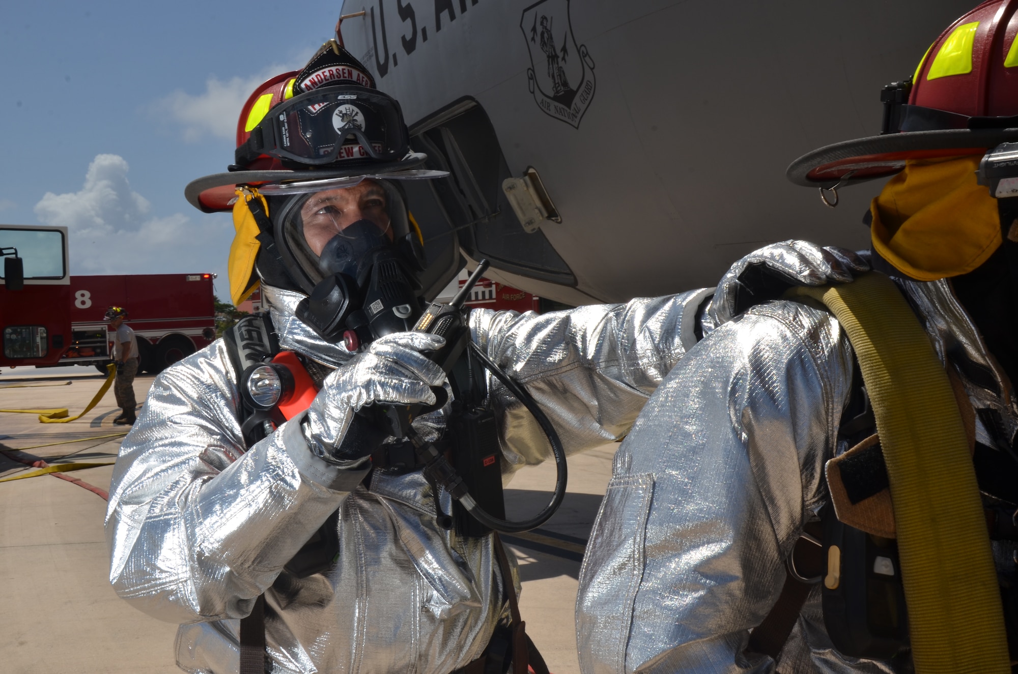 Tech. Sgt. Arnold Castro, 36th Civil Engineer Squadron Fire and Emergency Services station captain, participates in an aircraft fire training exercise on Andersen Air Force Base, Guam, April, 4, 2013. Castro was awarded Navy Fire and Emergency Services Military Firefighter of the Year for 2012. (U.S. Air Force photo by Staff Sgt. Veronica McMahon/Released)