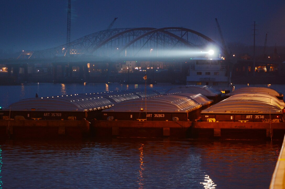 HASTINGS, Minn. –The Motor Vessel Roberta Tabor locks through Lock and Dam 2 in Hastings, Minn., April 8. The tow was the first to break through the ice at Lake Pepin on the Mississippi River and arrive in St. Paul, Minn. Traditionally, the first tow to break through the ice marks the unofficial start to the navigation season for the Corps of Engineers, St. Paul District.