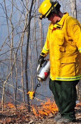 Quantico Fire Department and Emergency Rescue Services responded to a fire crawling through the woods in Training Area 11 on the west side of Marine Corps Base Quantico on April 9, 2013. The affected area was too large to extinguish outright so emergency responders limited the spread of the fire by bulldozing a "no burn" zone around it. After the zone had been crafted, firefighters fought fire with fire by "back-burning", a controlled burn designed to rob the fire of fuel so it can be managed safely.