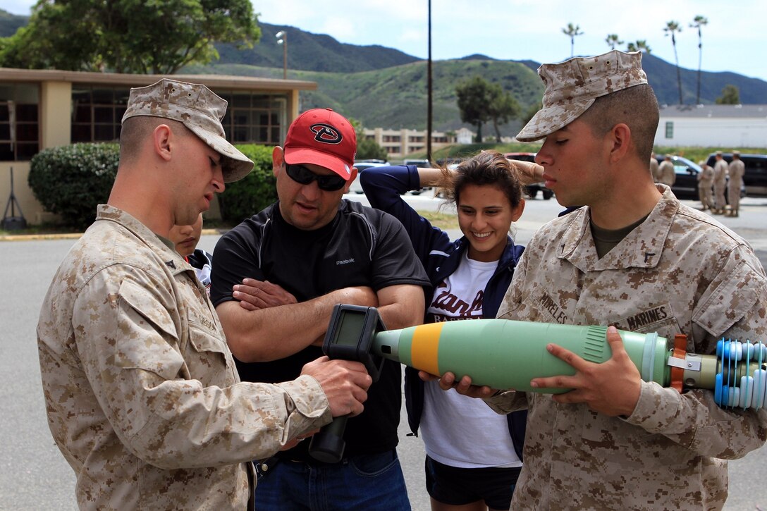 Lance Cpl. Nathan Gibson (left) and Pfc. Alfredo Mireles (right), mortarmen serving with 2nd Battalion, 11th Marine Regiment, show David Cortez, a former corporal who served with the regiment during Operation Iraqi Freedom and a native of Moreno Valley, Calif., how the M-327 Expeditionary Fire Support System operates during a 10-year OIF reunion here, April 5, 2013. Veterans toured the regiment’s headquarters throughout the day, learned about modern weapon systems used by artillerymen and spoke with Marines who now serve with the regiment.


