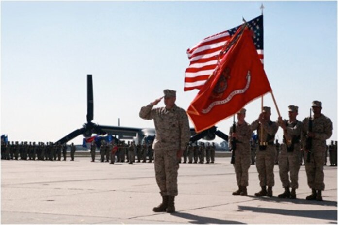 Sgt. Maj. Scott T. Booth salutes during a relief and appointment ceremony where Booth relinquished his role as MAG-26 senior enlisted advisor to Sgt. Maj. Christopher Edmondson on the Marine Medium Tiltrotor Training Squadron 204 flight line, March 28.

