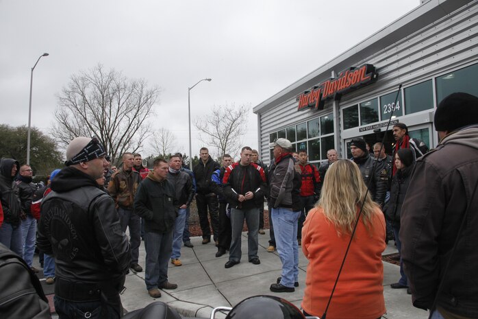 Approximately 80 Marines from Cherry Point, Camp Lejeune and New River get a safety brief at the New River Harley-Davidson dealership, before participating in a motorcycle ride for Alcohol Awareness Month sponsored by the Coastal Coalition for Substance Abuse Prevention and the traffic safety office aboard Camp Lejeune.

“Events like this are important,” said Gunnery Sgt. Eric Smith, the 2nd Marine Division strategic spectrum manager. “Maybe if we raise awareness, we won’t have to lose anybody else to alcohol related incidents.”

Smith said the cause held a special place in his heart. He recently lost a friend in an alcohol related incident.
