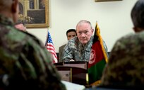 Gen. Martin E. Dempsey, chairman of the Joint Chiefs of Staff at a meeting with Gen. Sher Mohammad Karimi, Chief of the General Staff of the Afghan Army, in Kabul, Afghanistan, Apr. 6, 2013.