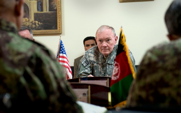 Gen. Martin E. Dempsey, chairman of the Joint Chiefs of Staff at a meeting with Gen. Sher Mohammad Karimi, Chief of the General Staff of the Afghan Army, in Kabul, Afghanistan, Apr. 6, 2013.