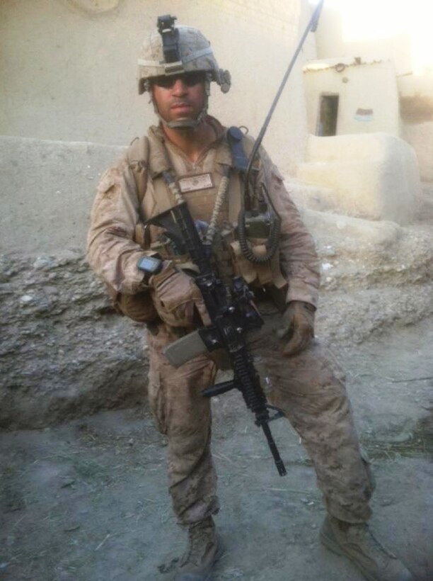 1st Sgt. Anthony J. Velarde, a first sergeant  with 1st Civil Affairs Group, Marine Forces Reserve, patrols in Sarbesha, Helmand Province, Afghanistan,  as a company gunnery sergeant for Company F, 2nd Battalion, 5rd Marine Regiment, in May, 2012. Velarde was awarded the Bronze Star Medal with a combat distinguishing device for his actions in March that year, when he assisted Marines who were pinned-down during an attack by insurgents.