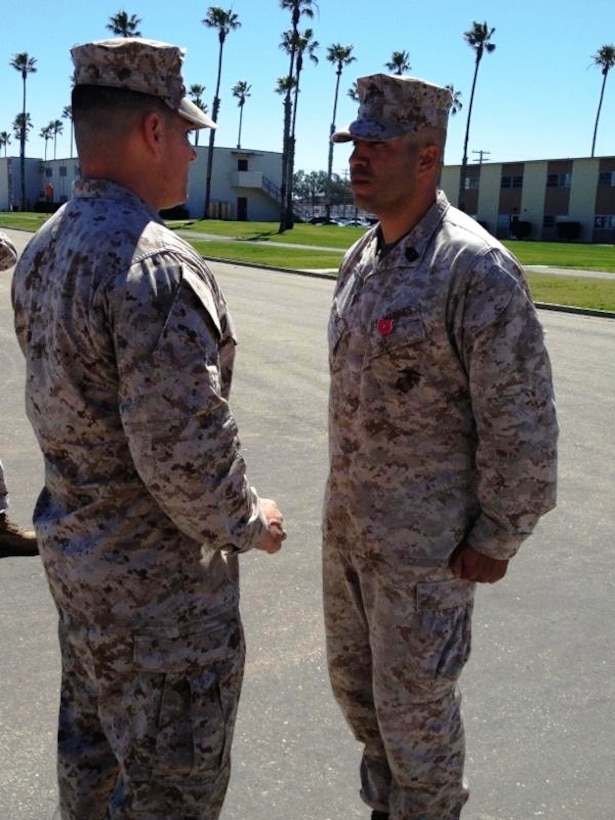 1st Sgt. Anthony J. Velarde, a first sergeant with 1st Civil Affairs Group, Marine Forces Reserve, was awarded the Bronze Star Medal with combat distinguishing device during a ceremony here, March 11.  He received the medal for his actions while deployed as a company gunnery sergeant with Company F, 2nd Battalion, 5th Marine Regiment, in support of Operation Enduring Freedom.  